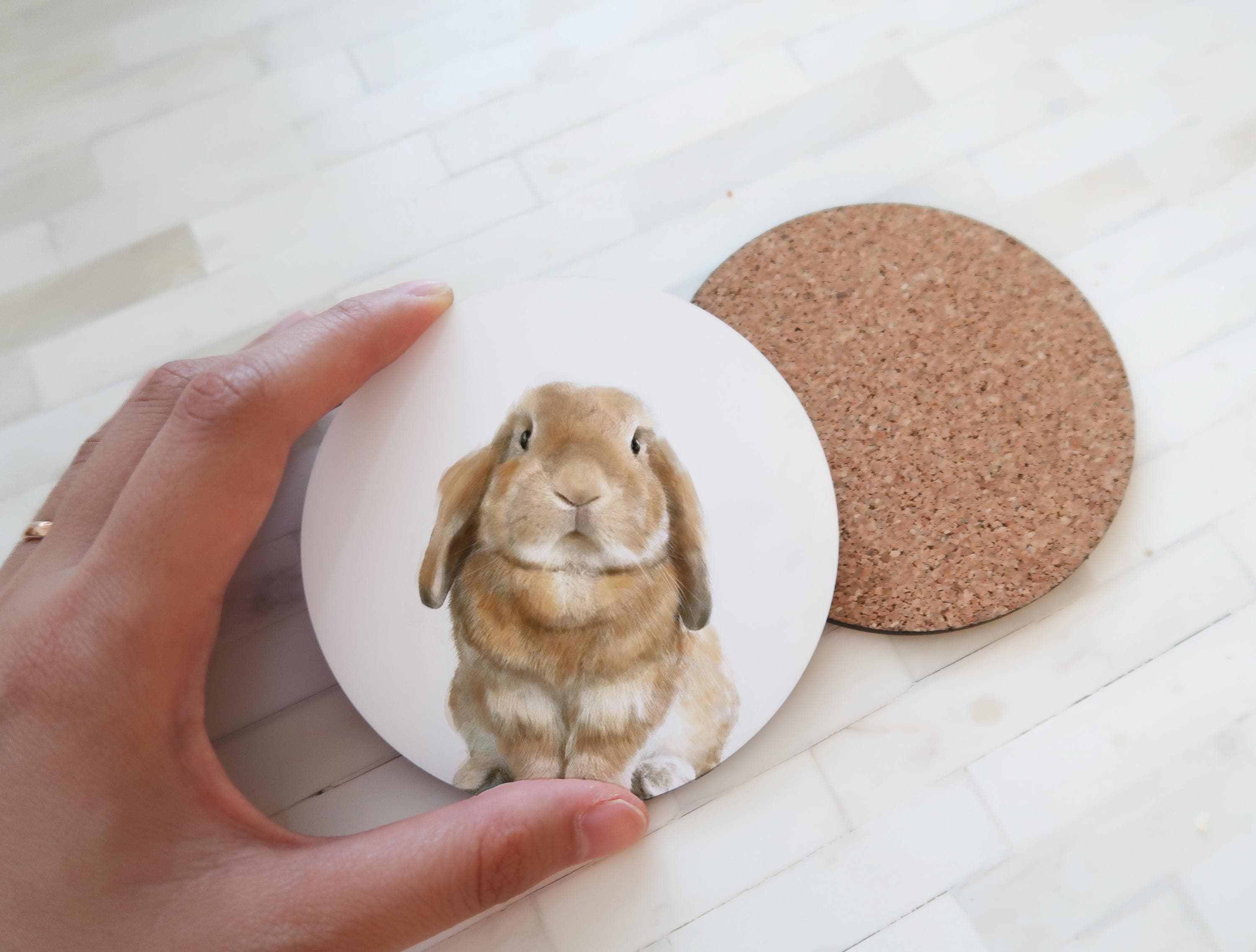 Bunny Lover Gift - Rabbit Drink Coaster with Cork Backing, Glossy Woodland Animal Art, Unique Housewarming Present, Coffee Table Decor