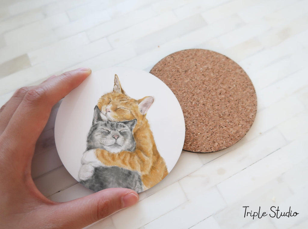 Cats in Love Coaster, Introvert and Extrovert Cats, Couple Gift for Anniversary, Wedding, Kitten Kitchen Organizer, Cork Backed Drink Mat