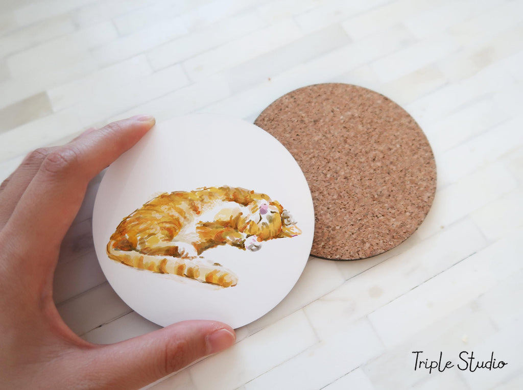 Orange Cat Coaster for Home Office, Cork Backed Coffee Table, Ginger Tabby Art, Kitten Lover, Desk Organizer Housewarming Gift