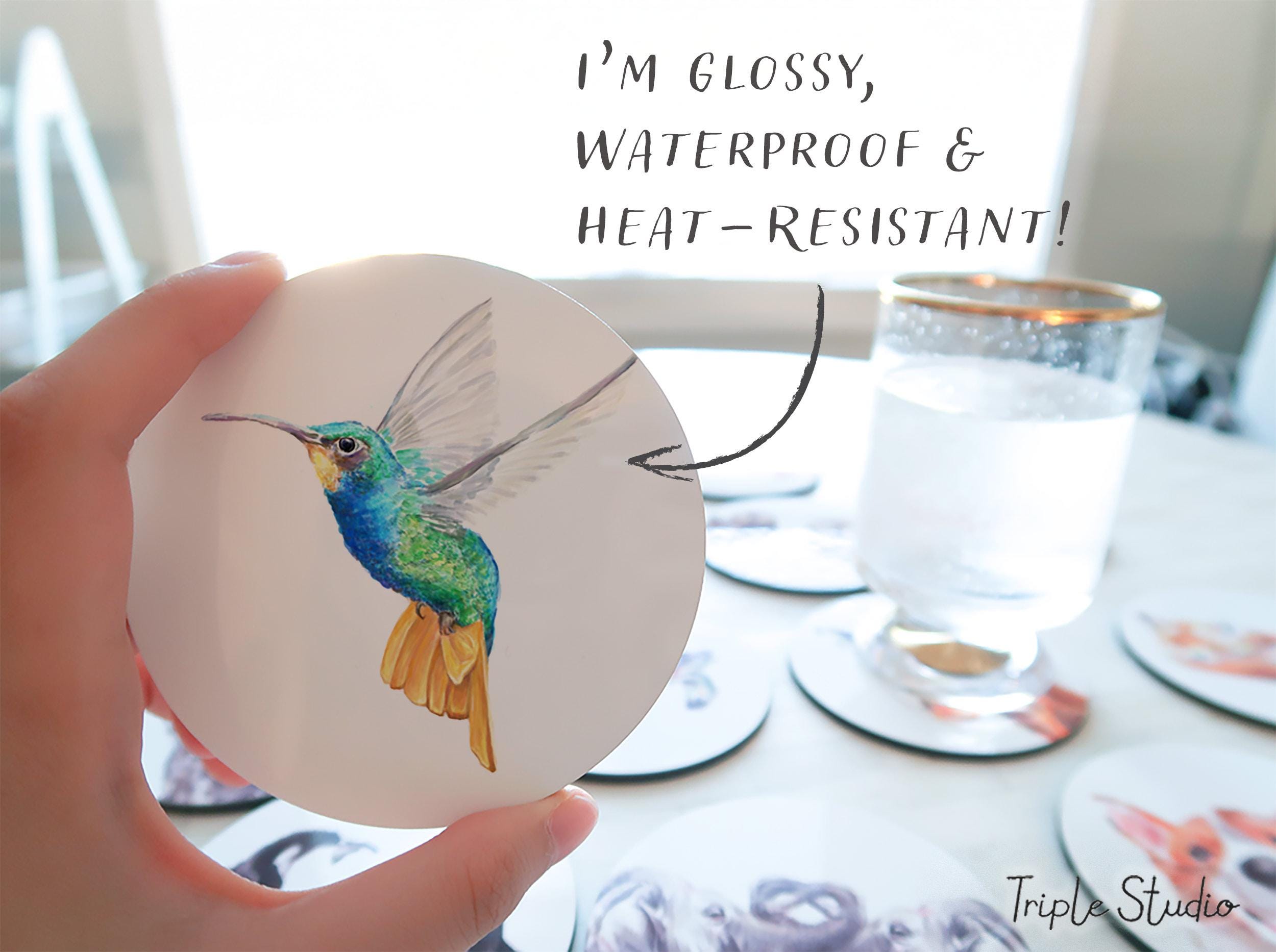 Hummingbird Coaster, Watercolor Bird Art, Spring Gardener Gift, Floral Kitchen Decor, Bird Watcher Present, Drink Mat, Mother's Day Gift