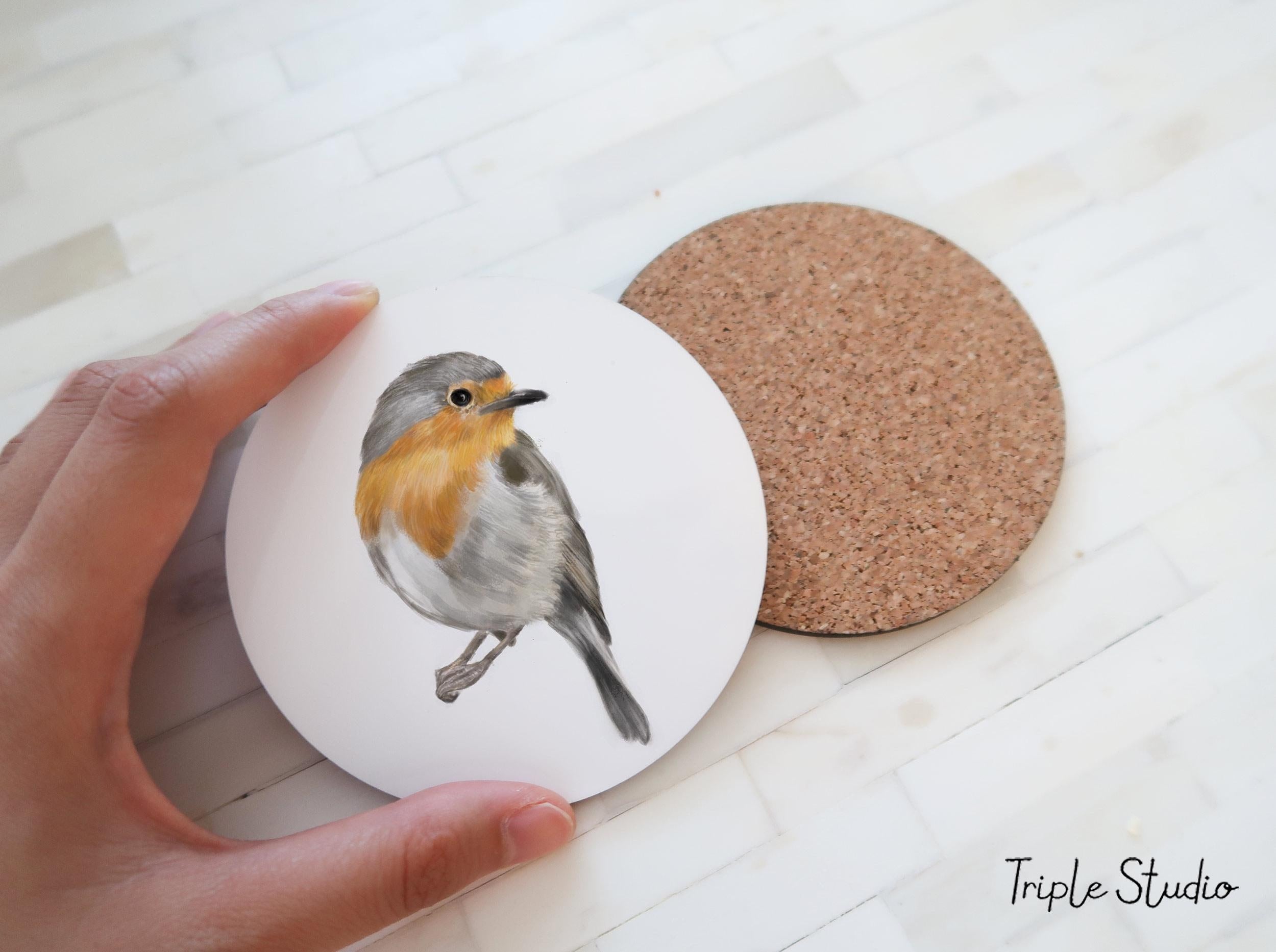 Robin Bird Coaster, Garden Watercolor Art, Cottagecore Kitchen Coffee Table Decor, Rustic Home Gift for Gardener, Woodland Bird Drink Mat