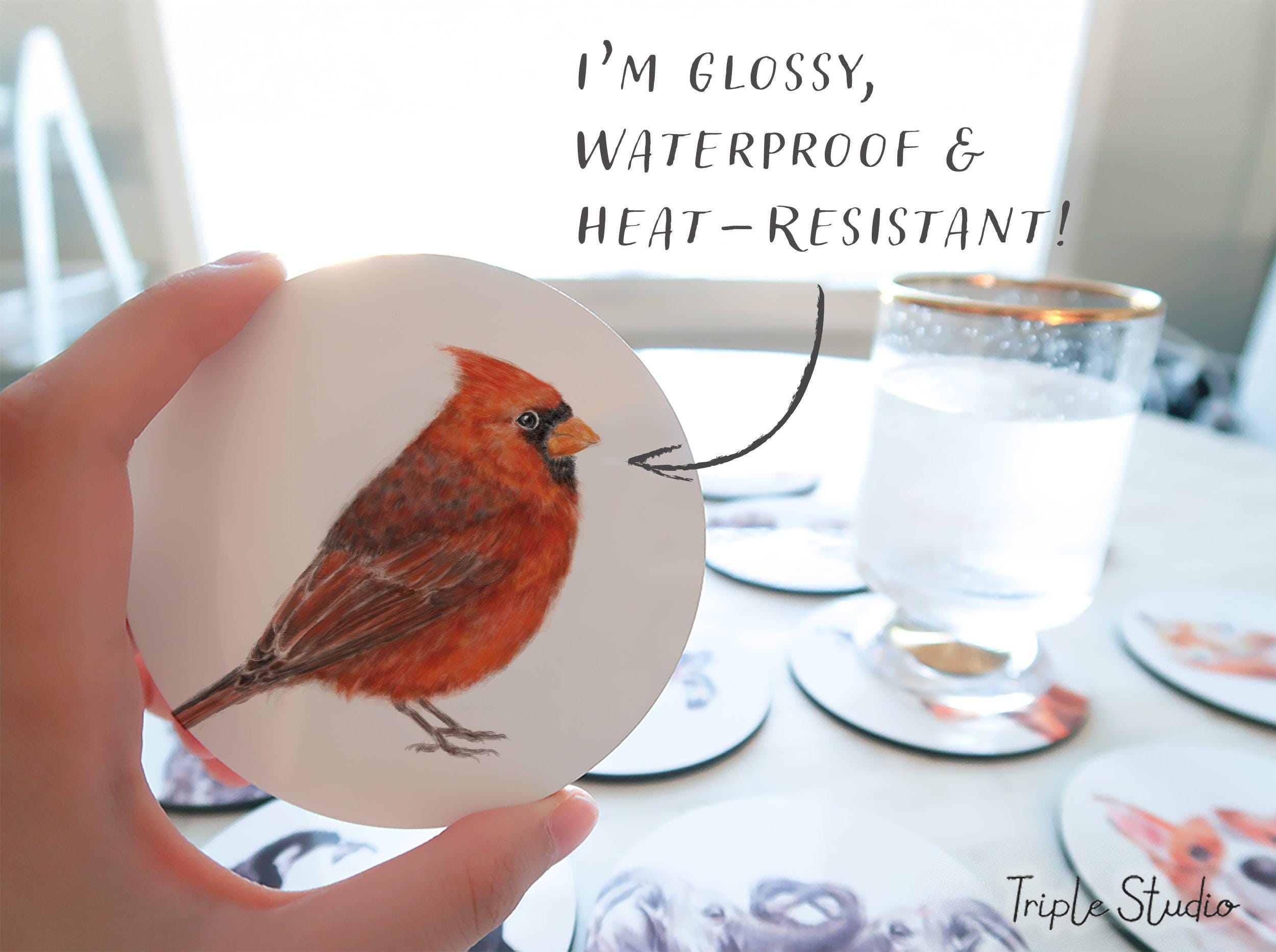 Red Cardinal Coaster, Coffee Table Decor, Watercolor Bird Art, Winter Kitchen New Apartment