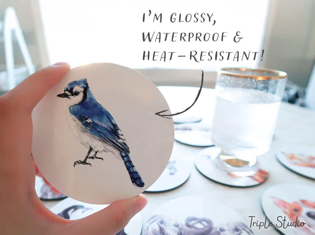 Blue Jay Coaster, Watercolor Bird Art, Bird Watcher Drink Mat, Gardener Office Desk, Backyard Bird Decor