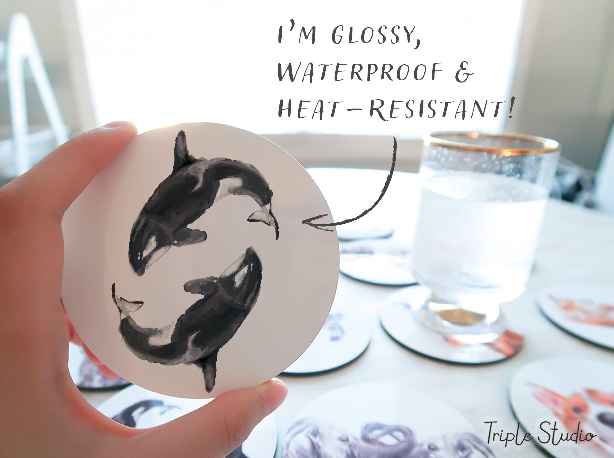 Orca Whale Coaster, Coastal Kitchen Art, Two Killer Whales Drink Mat, Pacific Ocean Lover Gift, Modern Beach House, PNW Nature in Vancouver