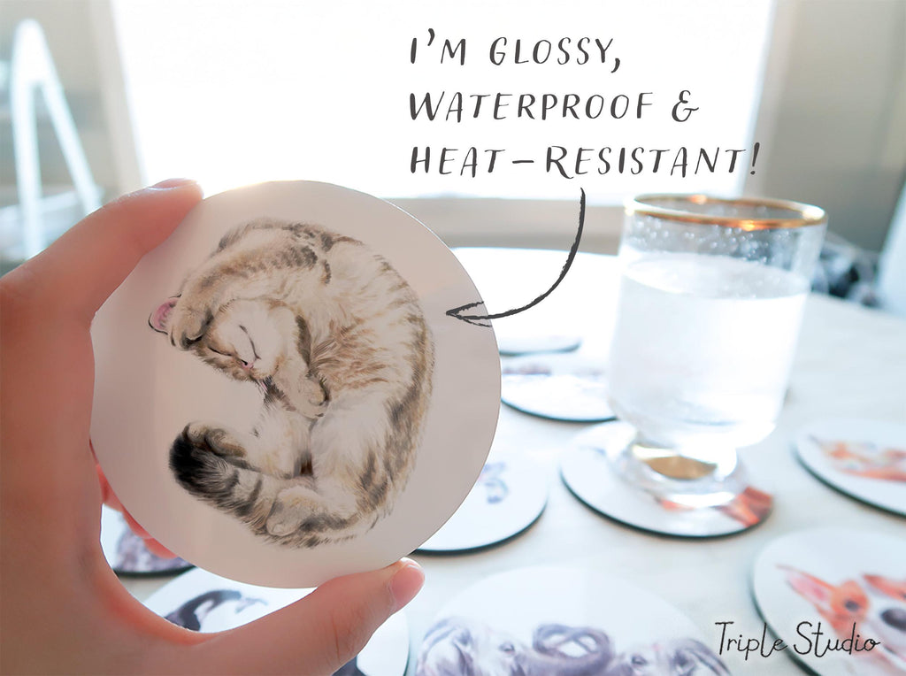 Sleepy Vibes Cat Coaster for Office Decor, British Shorthair Watercolor Art, Introvert Cozy Kitten Lover, Small Housewarming Gift