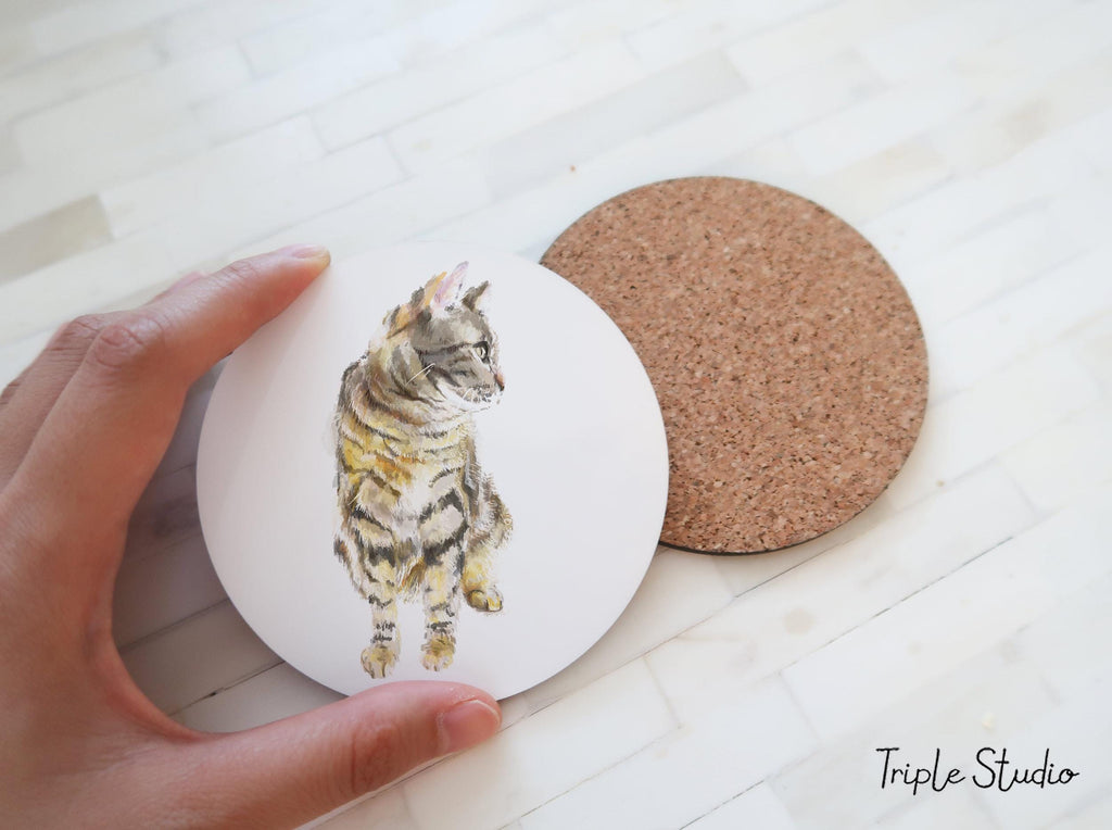 Gray Tabby Coaster, Minimalist Zen Cat Art, Peaceful Modern Quiet Kitchen Vibe, Simple Watercolor Decor, Neutral Toned Theme, Wabi Sabi