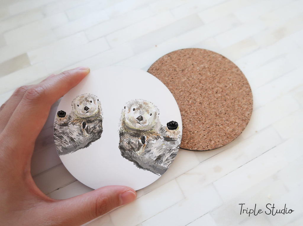 Sea Otter Coaster, Coastal Animal Kitchen Decor, Cork Backed Cute Coffee Table, Ocean Twins Home, Housewarming Gift, Made in Vancouver