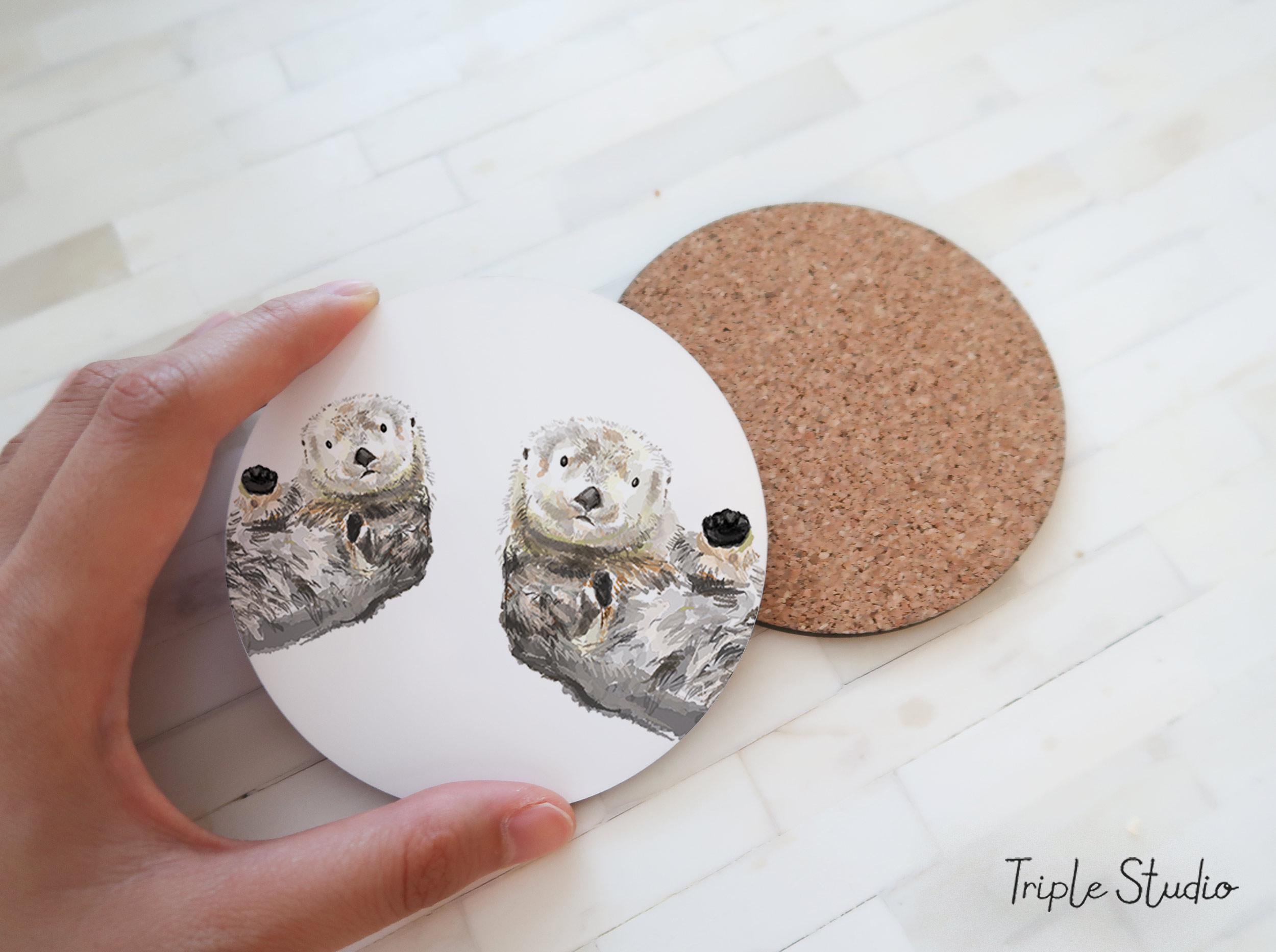Sea Otter Coaster, Coastal Animal Kitchen Decor, Cork Backed Cute Coffee Table, Ocean Twins Home, Housewarming Gift, Made in Vancouver