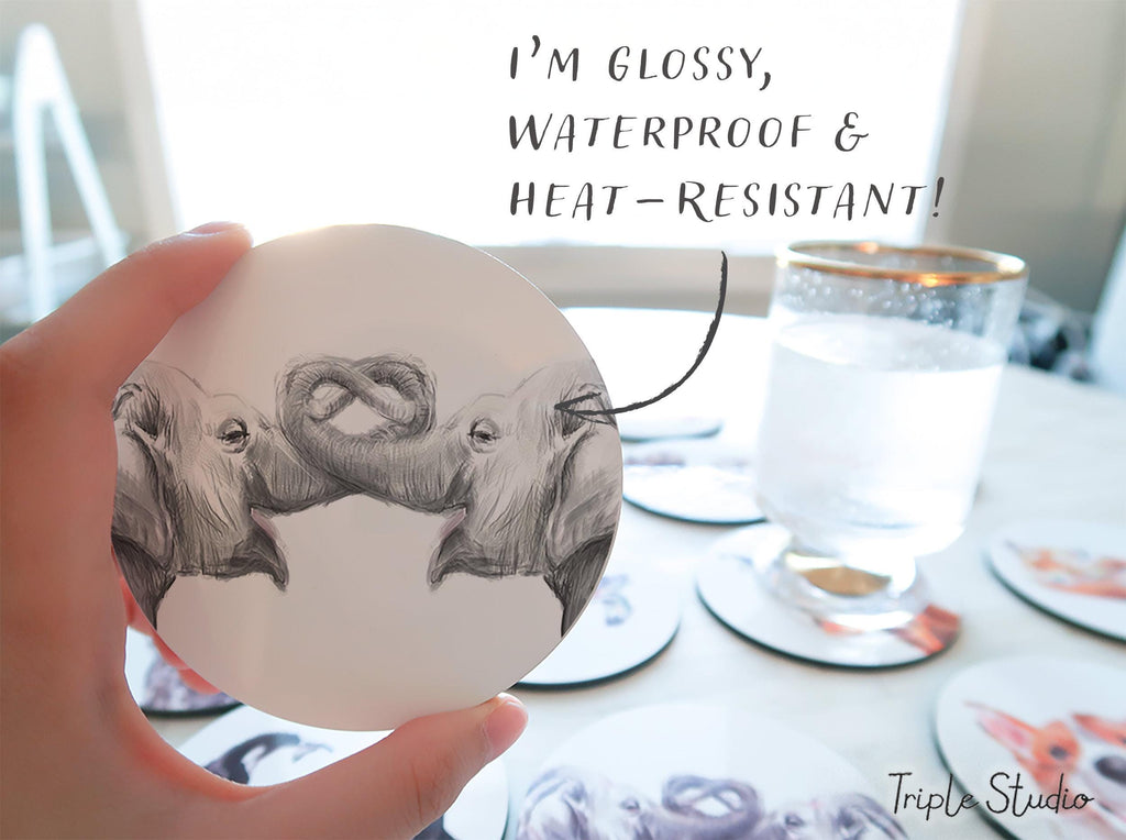 Elephants in Love Coaster, Watercolor Elephant Couple Art, Anniversary Drink Mat, Long Distance Safari Home Office, Sturdy with Cork Back
