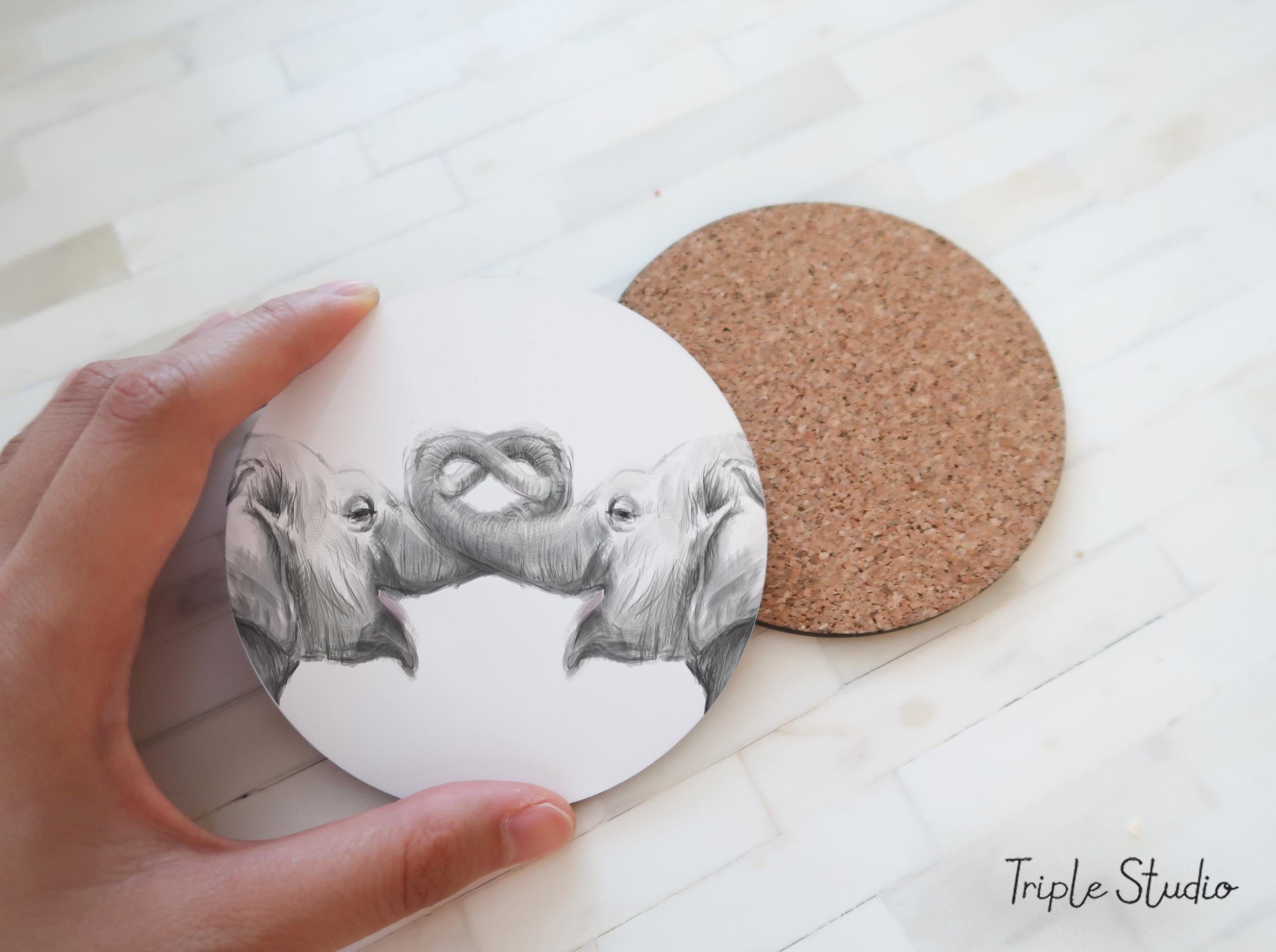 Elephants in Love Coaster, Watercolor Elephant Couple Art, Anniversary Drink Mat, Long Distance Safari Home Office, Sturdy with Cork Back
