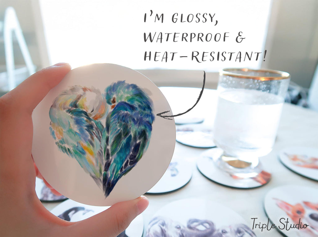 Lovebird Coaster, Watercolor Bird Couple Art, Anniversary Gift for Bird Lovers, Romantic Love Birds Decor, Wedding Favor, Small Housewarming