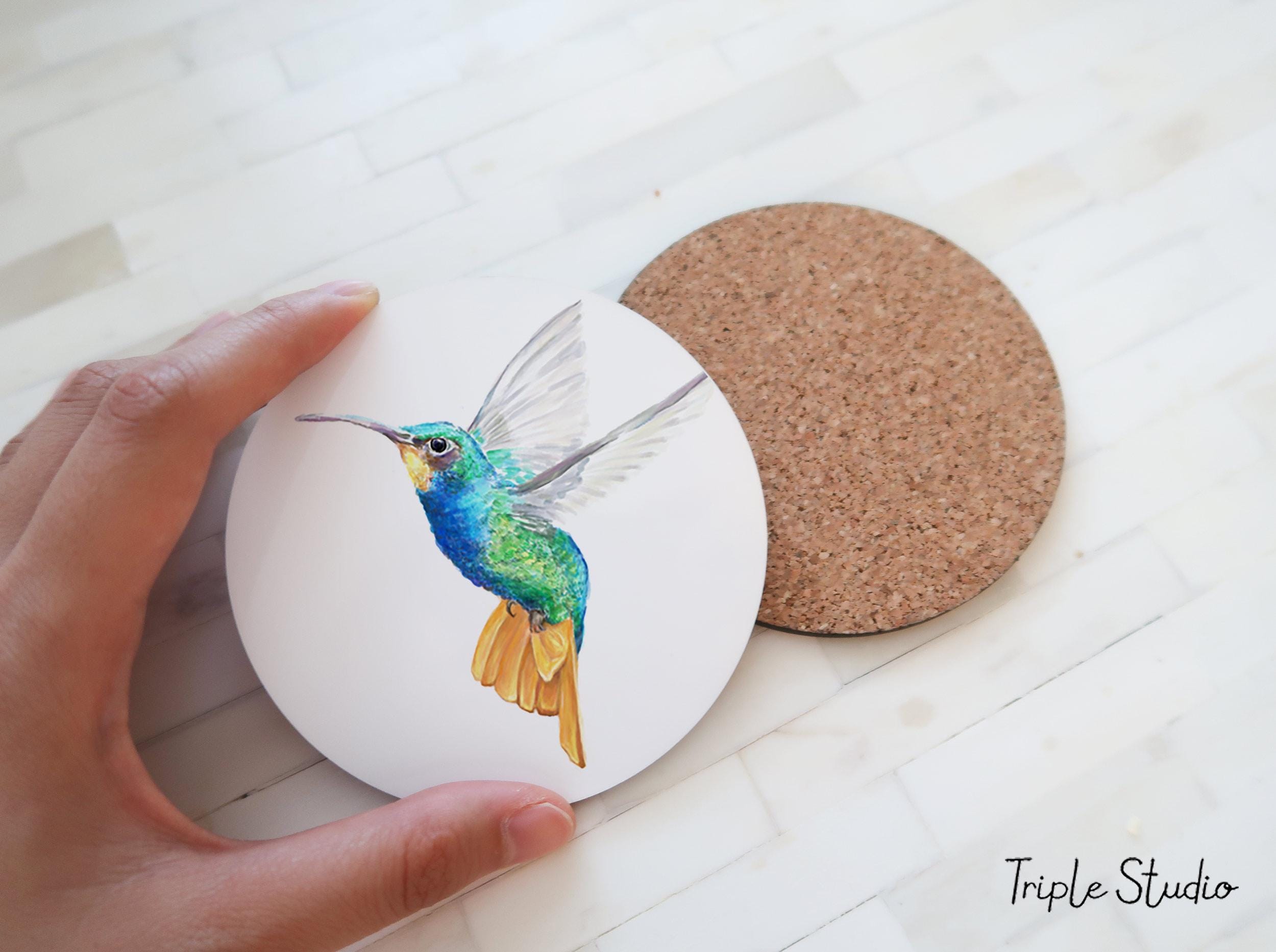 Hummingbird Coaster, Watercolor Bird Art, Spring Gardener Gift, Floral Kitchen Decor, Bird Watcher Present, Drink Mat, Mother's Day Gift