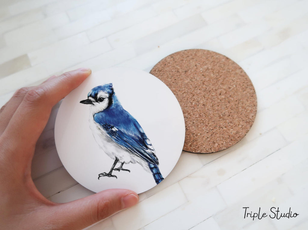 Blue Jay Coaster, Watercolor Bird Art, Bird Watcher Drink Mat, Gardener Office Desk, Backyard Bird Decor