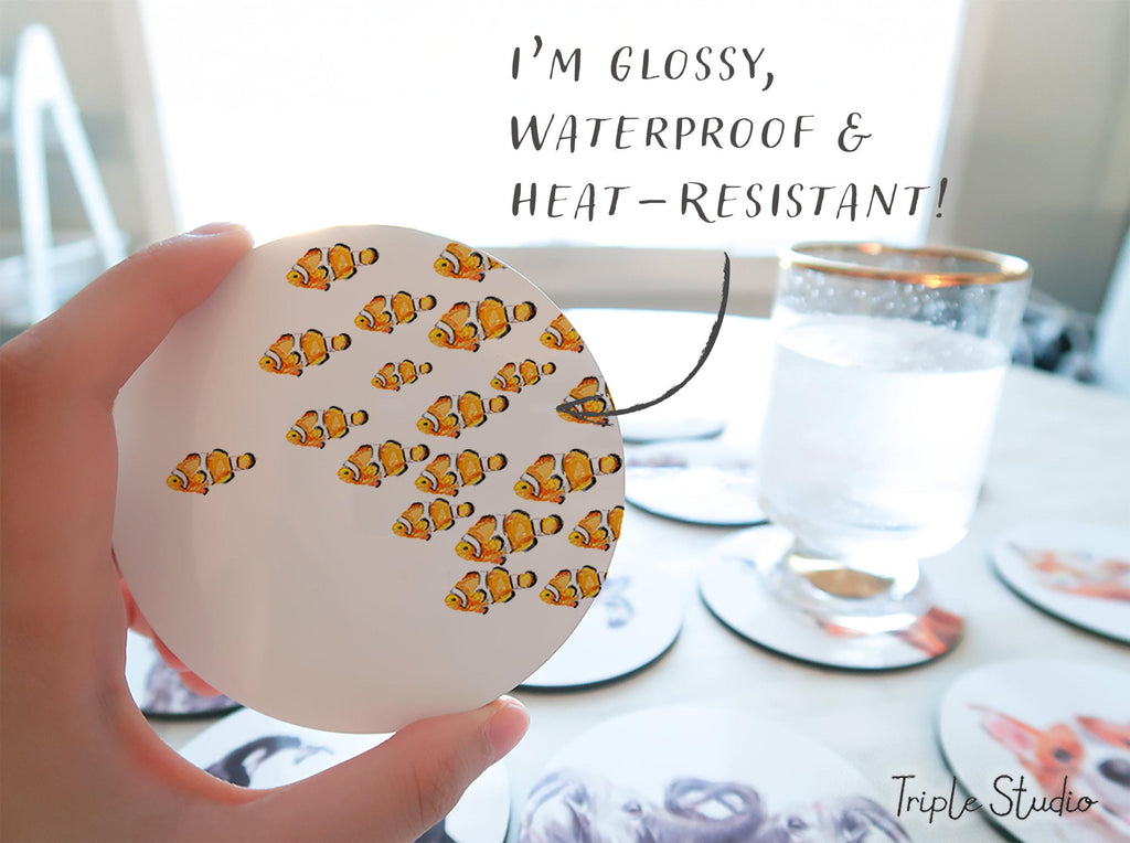 Clownfish Coaster, Watercolor Sea Life Art, Tropical Fish Drink Mat, Ocean or Beach House Gift, Coral Reef Decor for Scuba Diver