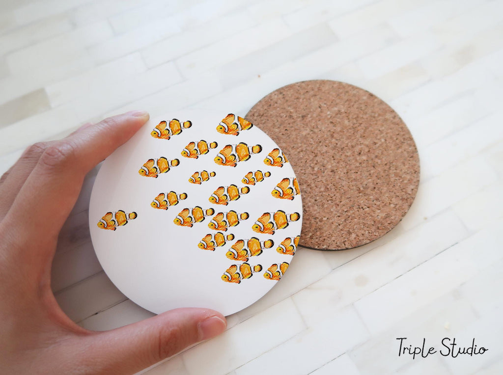 Clownfish Coaster, Watercolor Sea Life Art, Tropical Fish Drink Mat, Ocean or Beach House Gift, Coral Reef Decor for Scuba Diver