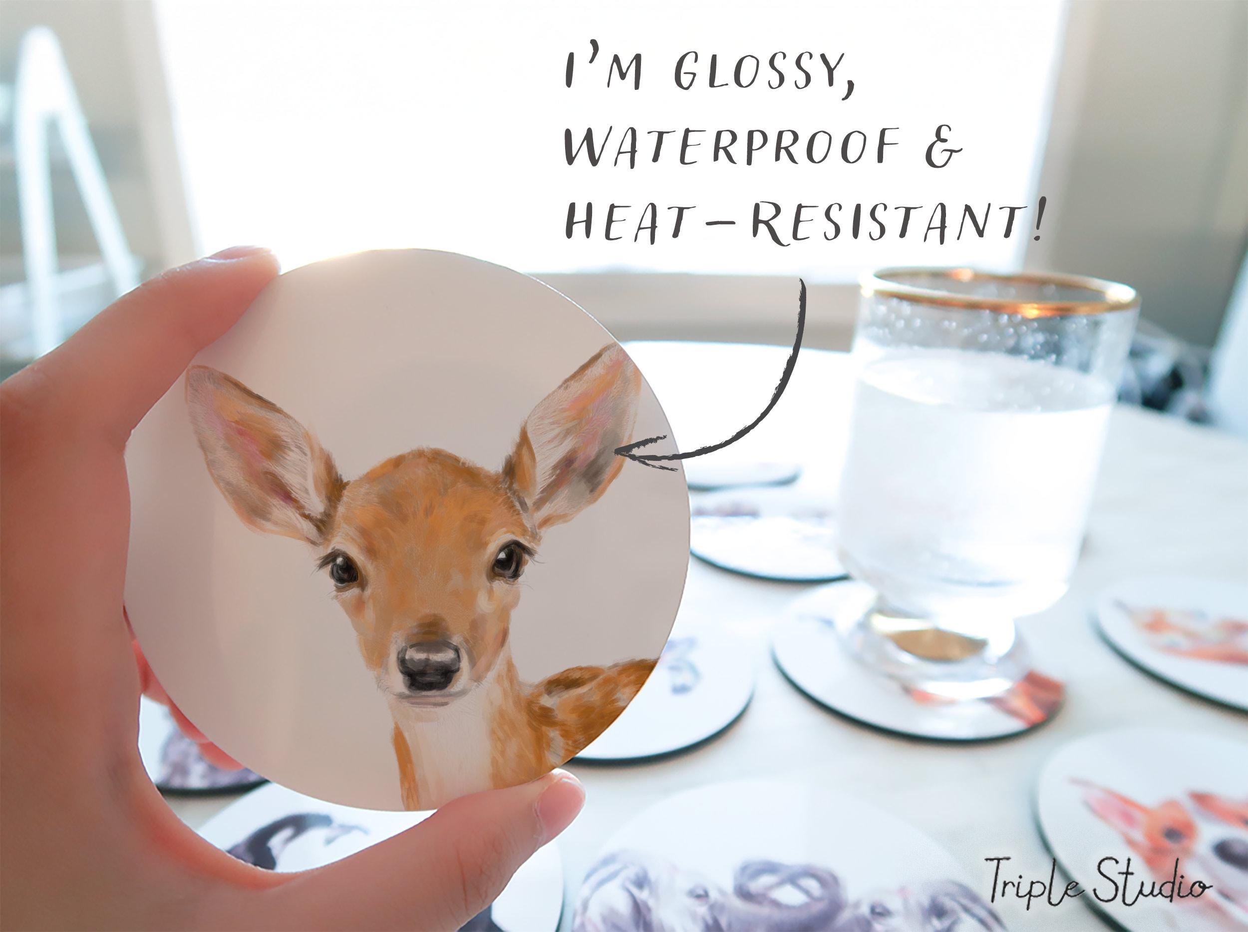 Deer Coaster, Watercolor Fawn Art, Woodland Baby Animal, Forest Nature Minimalist Decor, Brown Rustic Drink Mat for Coffee or Tea
