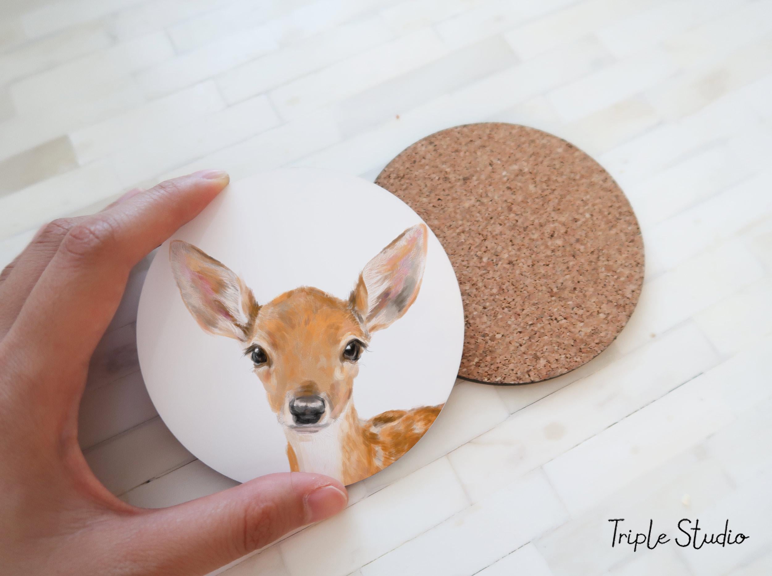 Deer Coaster, Watercolor Fawn Art, Woodland Baby Animal, Forest Nature Minimalist Decor, Brown Rustic Drink Mat for Coffee or Tea