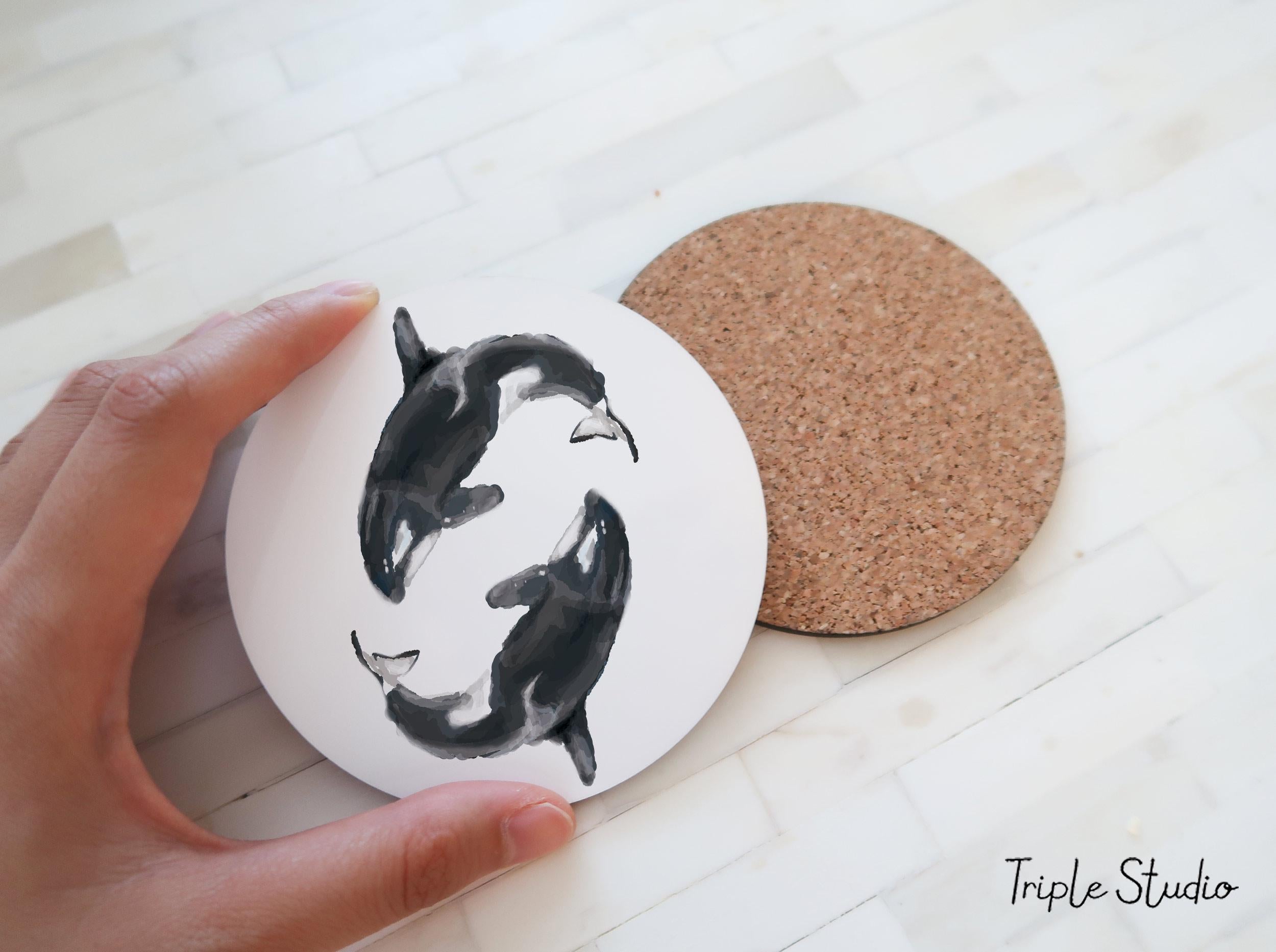 Orca Whale Coaster, Coastal Kitchen Art, Two Killer Whales Drink Mat, Pacific Ocean Lover Gift, Modern Beach House, PNW Nature in Vancouver