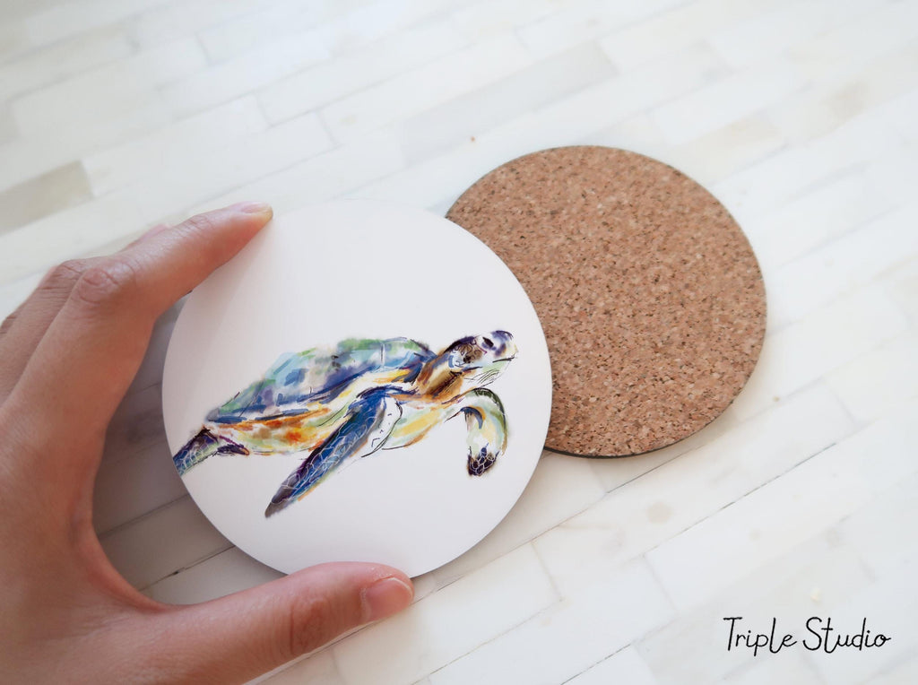 Sea Turtle Coaster, Green Blue Beach House Decor for Kitchen, Ocean Lover Gift, Coastal Teals Home, Tropical Nautical Animal