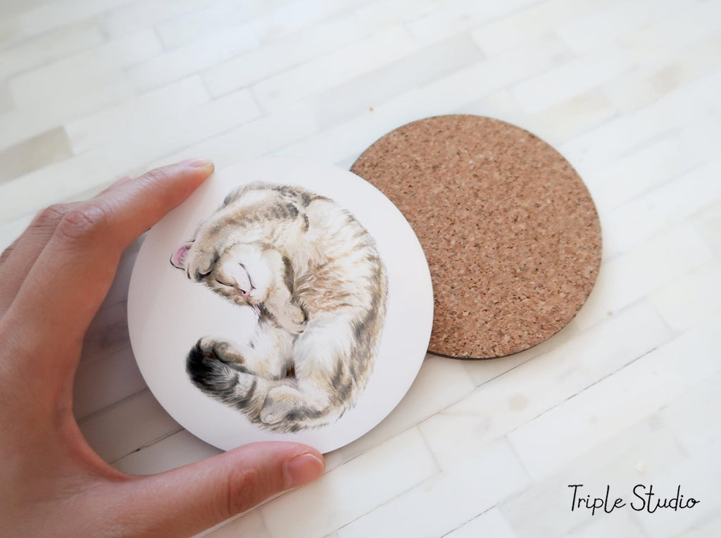 Sleepy Vibes Cat Coaster for Office Decor, British Shorthair Watercolor Art, Introvert Cozy Kitten Lover, Small Housewarming Gift
