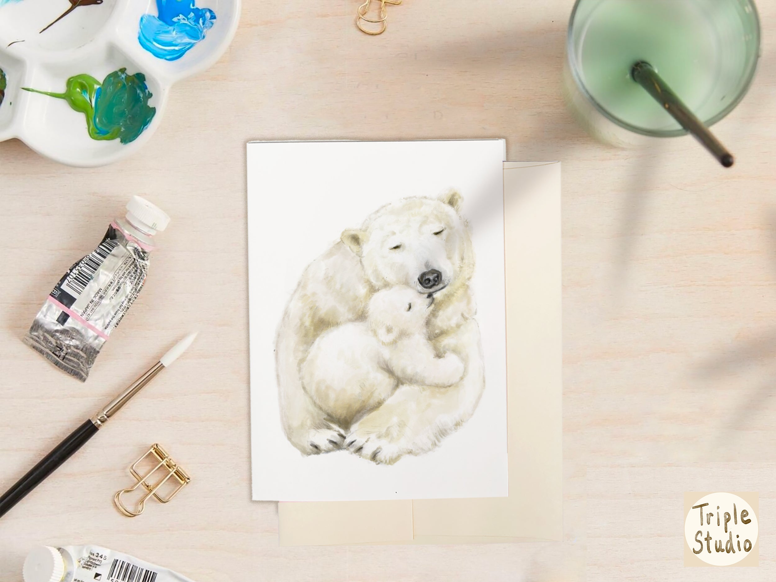 Baby Polar Bear and Mom Watercolor Card