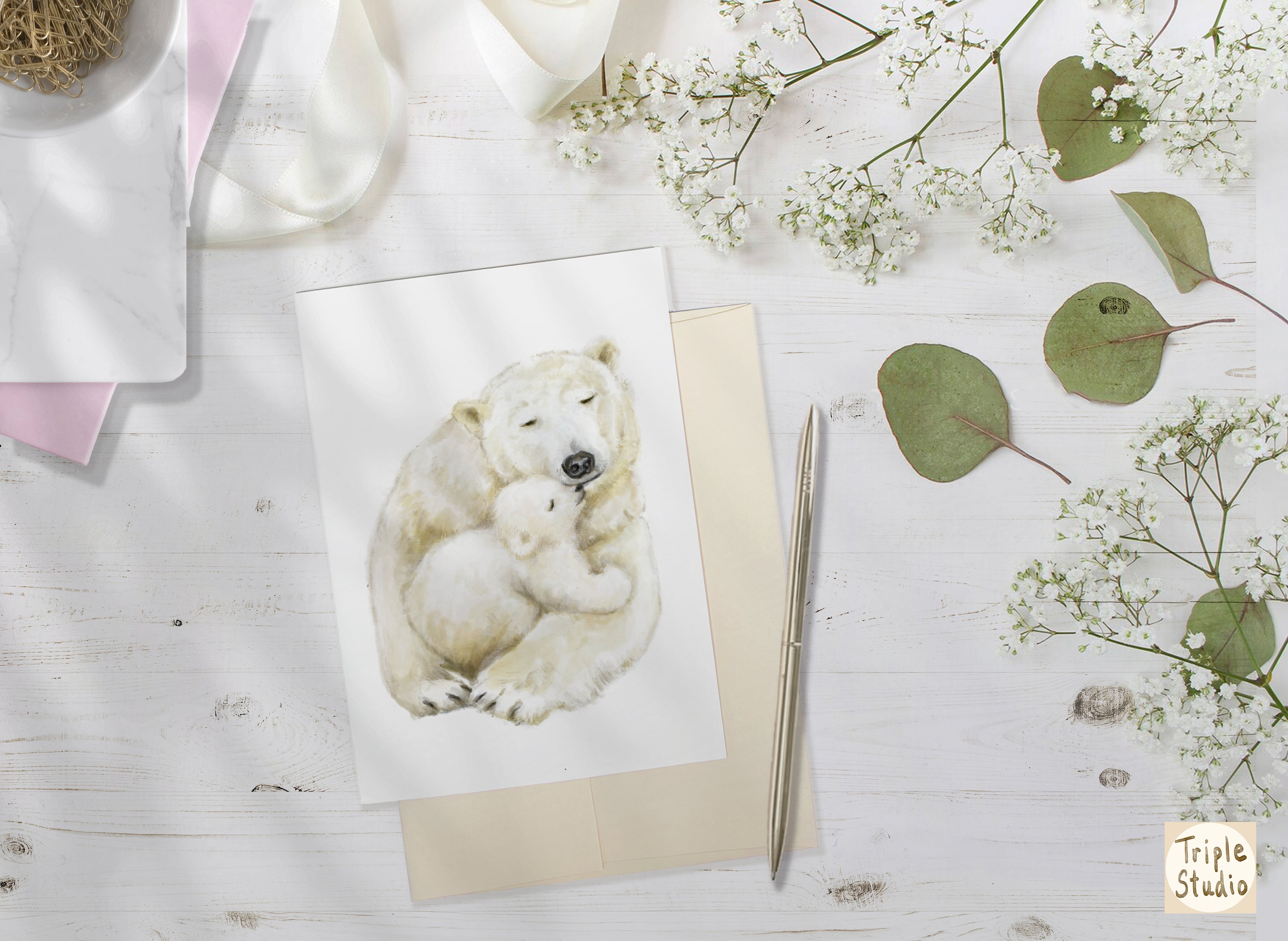 Baby Polar Bear and Mom Watercolor Card