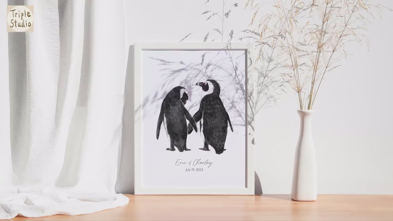 Personalized Wedding Gift - Penguin in Love Wall Art for Newly Wed Couple, Anniversary Unique Art Print, for Wife, for Husband, Missing You