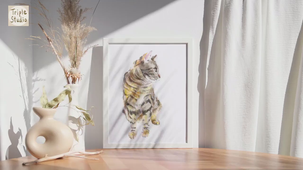 Gray Tabby Cat Watercolor Painting || Minimalistic Modern Cat Wall Art Print, Gift For Cat Lover, Crazy Cat Lady