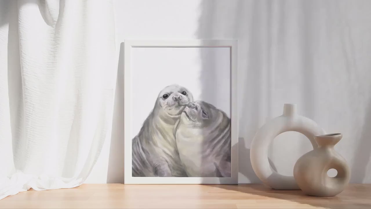 Seal with A Kiss Art Print || Anniversary Gift for Animal Lovers, Ocean Wall Decor for Girlfriend or Newly Wed, Underwater Wedding