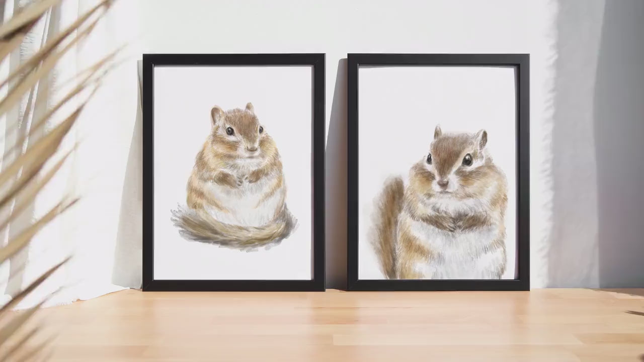 Cute Chipmunks Nursery Art Set - Baby Girl Room Decor, Woodland Animal for Bedroom, Boho Minimalist Forest Watercolor Painting