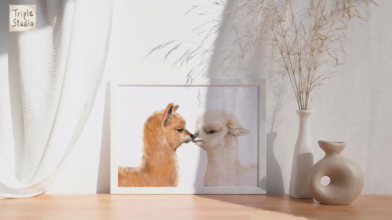 Alpaca Kiss Wall Art - hugs and kisses, boho animal poster, llama happy couple love anniversary, gift for wife, sweet wedding, engagement