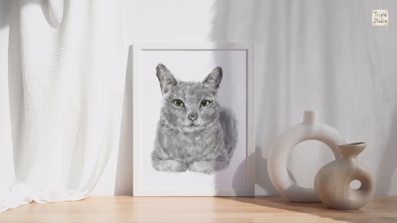 Gray Cat Modern Watercolor Painting, Home Wall Art Print, Crazy Cat Lady, Cat Lover Unique Gift, Minimal, Russian Blue, Signed by Artist