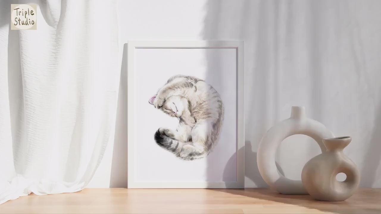 Cuddly Tabby Cat Watercolor Painting, Home Wall Decor,Grey n White Kitten Lover Art Print, Crazy Cat Lady Gift, British Shorthair Cat Mom