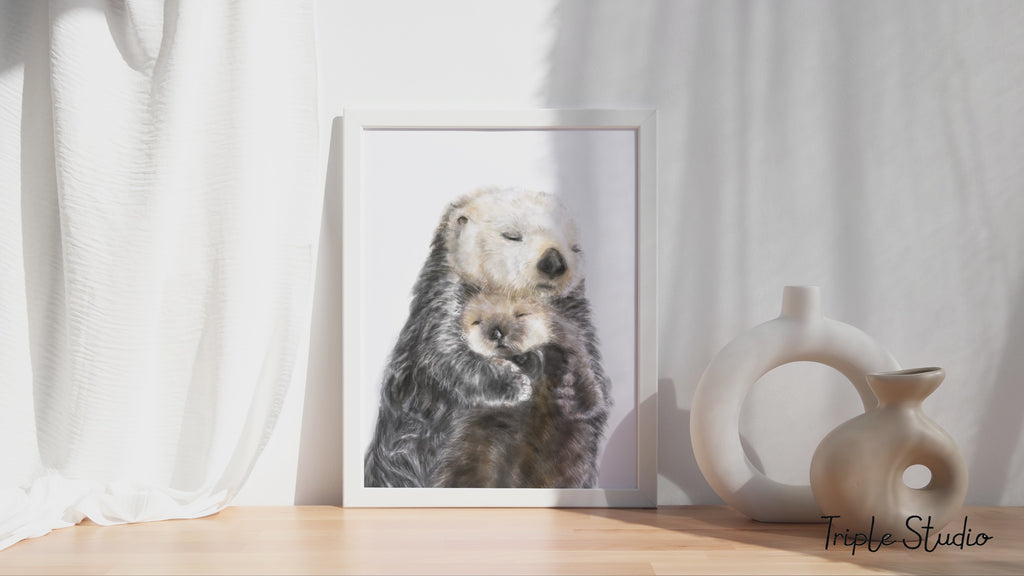 Baby Sea Otter and Mom Wall Art Print