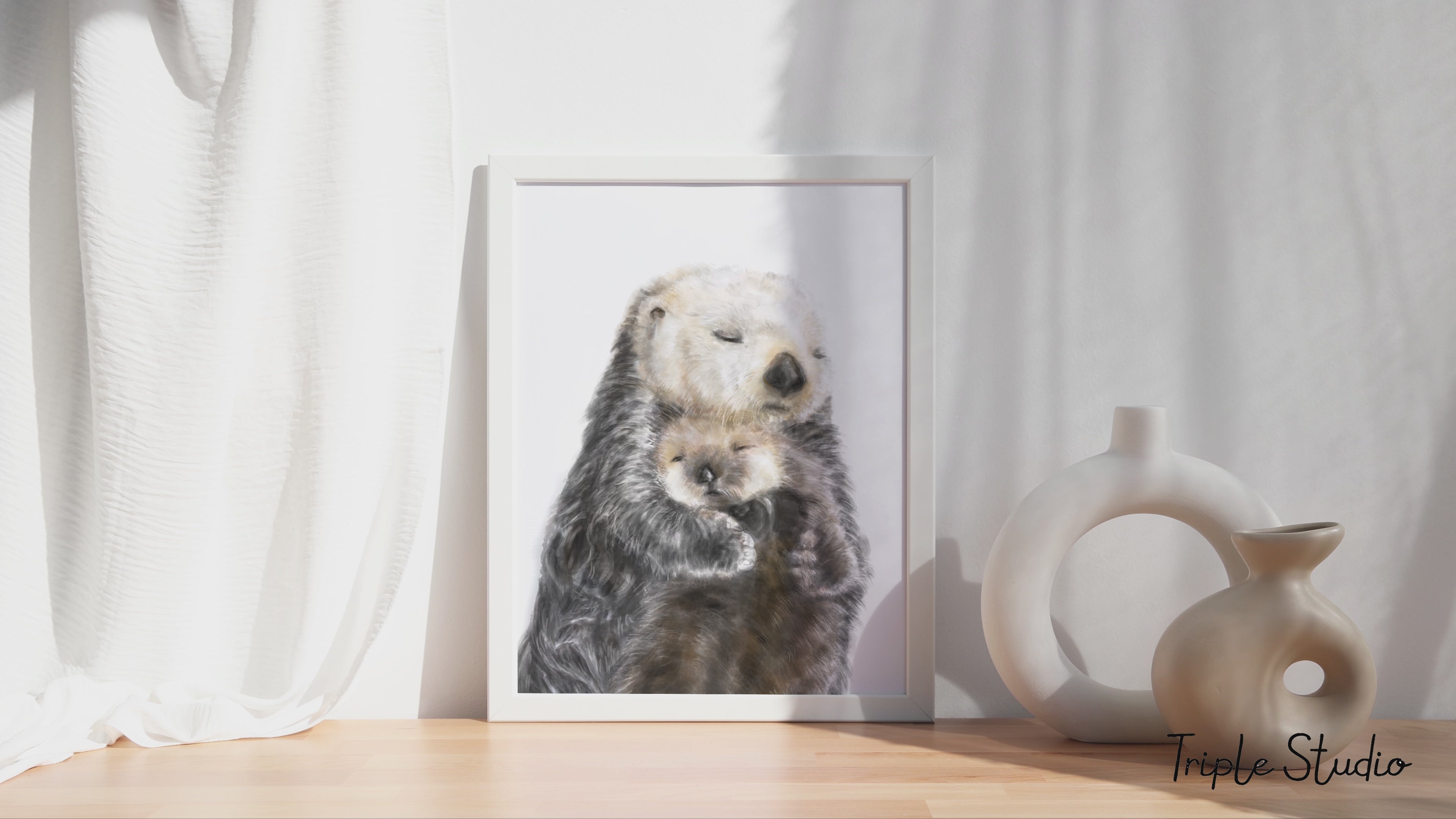 Baby Sea Otter and Mom Wall Art Print
