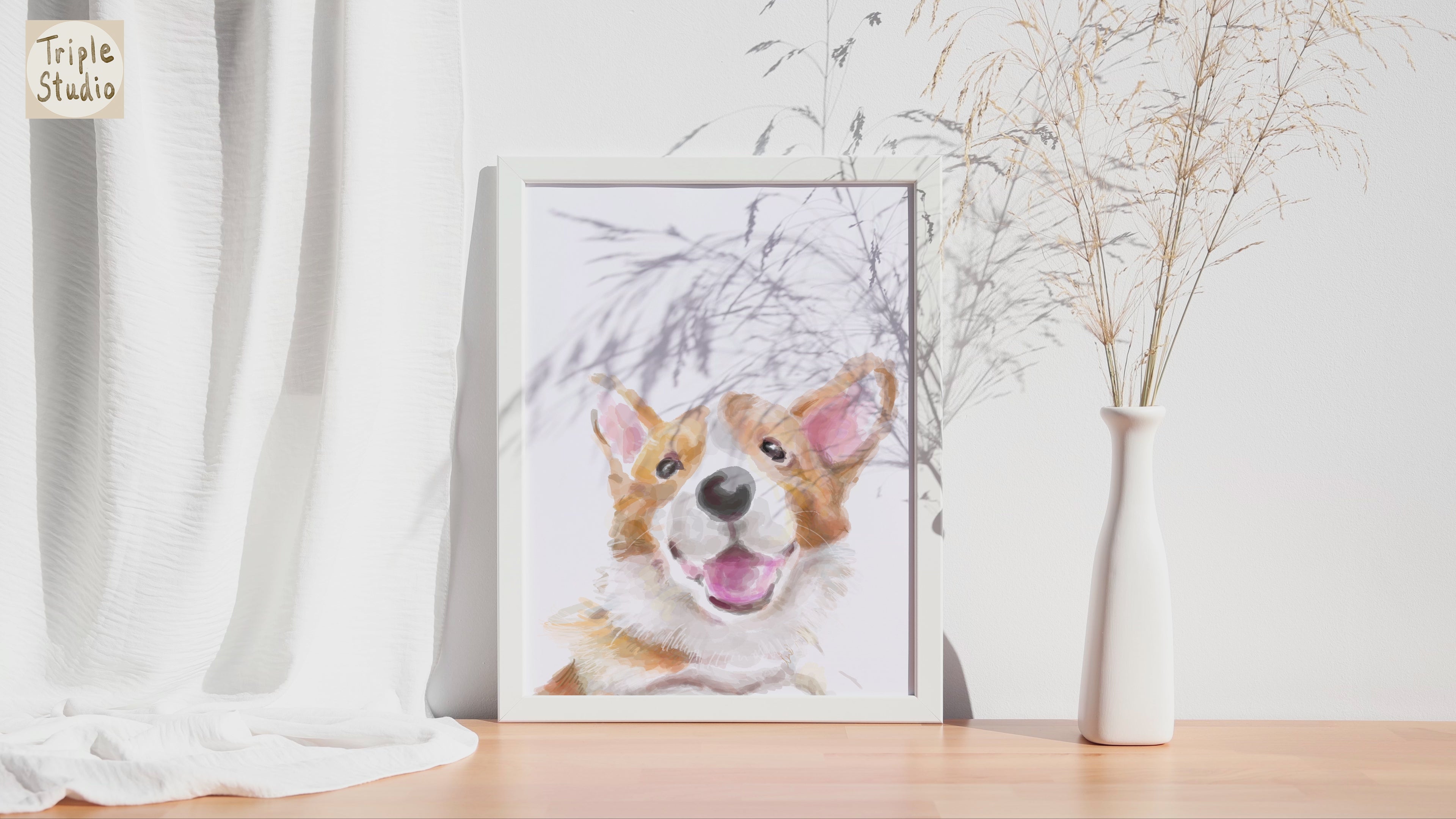 Happy Corgi Dog Wall Art: Pembroke Welsh Puppy Modern Watercolor Painting