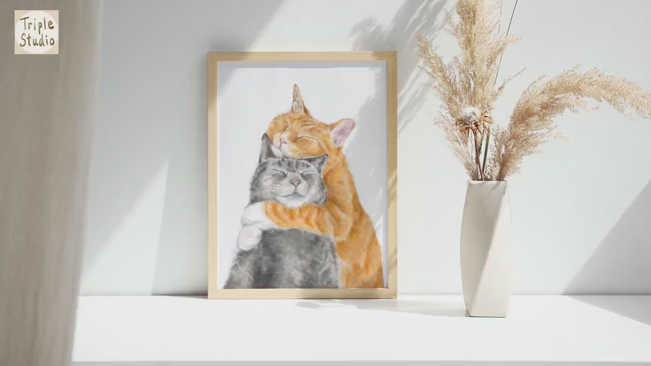 Cat Cuddles Art Print - Modern Gray and Orange Tabby Watercolor Poster, housewarming gift for newlywed, wife, lover, wedding or anniversary