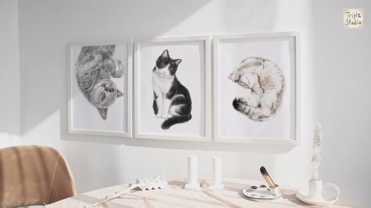 Gray Cat Watercolor Painting, Gray British Shorthair Modern Wall Art for Home Decor, Minimalist Cute Zen Kitten Gift, Signed by Artist