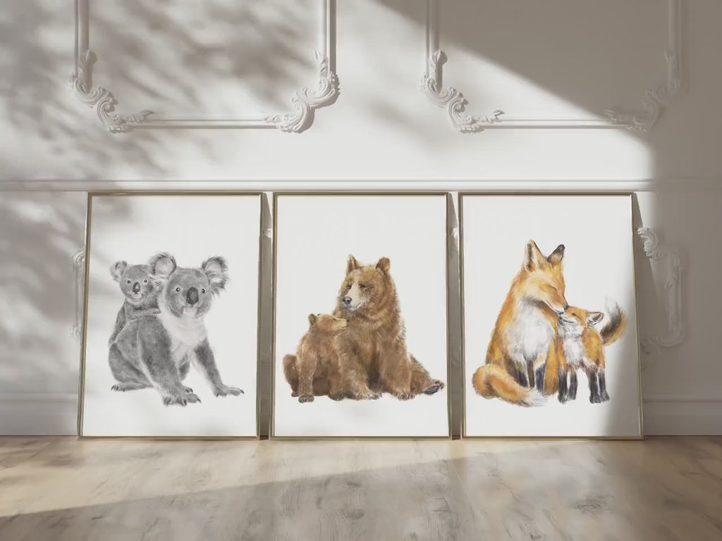 Brown Baby Bear n Mom Nursery Art Print, Grizzly Rustic Cabin Wall Painting, Kids Room Decor, Woodland Forest Animal, Signed by Artist