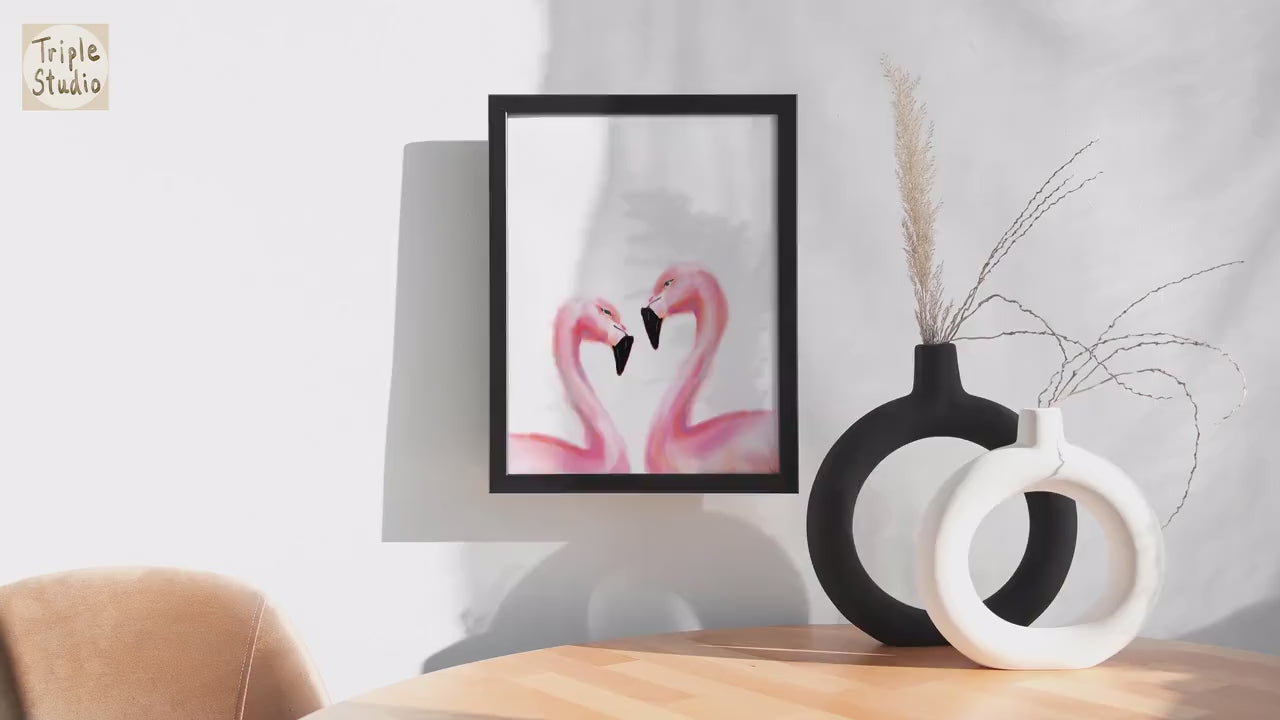 Flamingo in Love Watercolor Painting, Light Pink Wall Art, Sweet Minimalist Home Decor, Wedding or Anniversary Housewarming