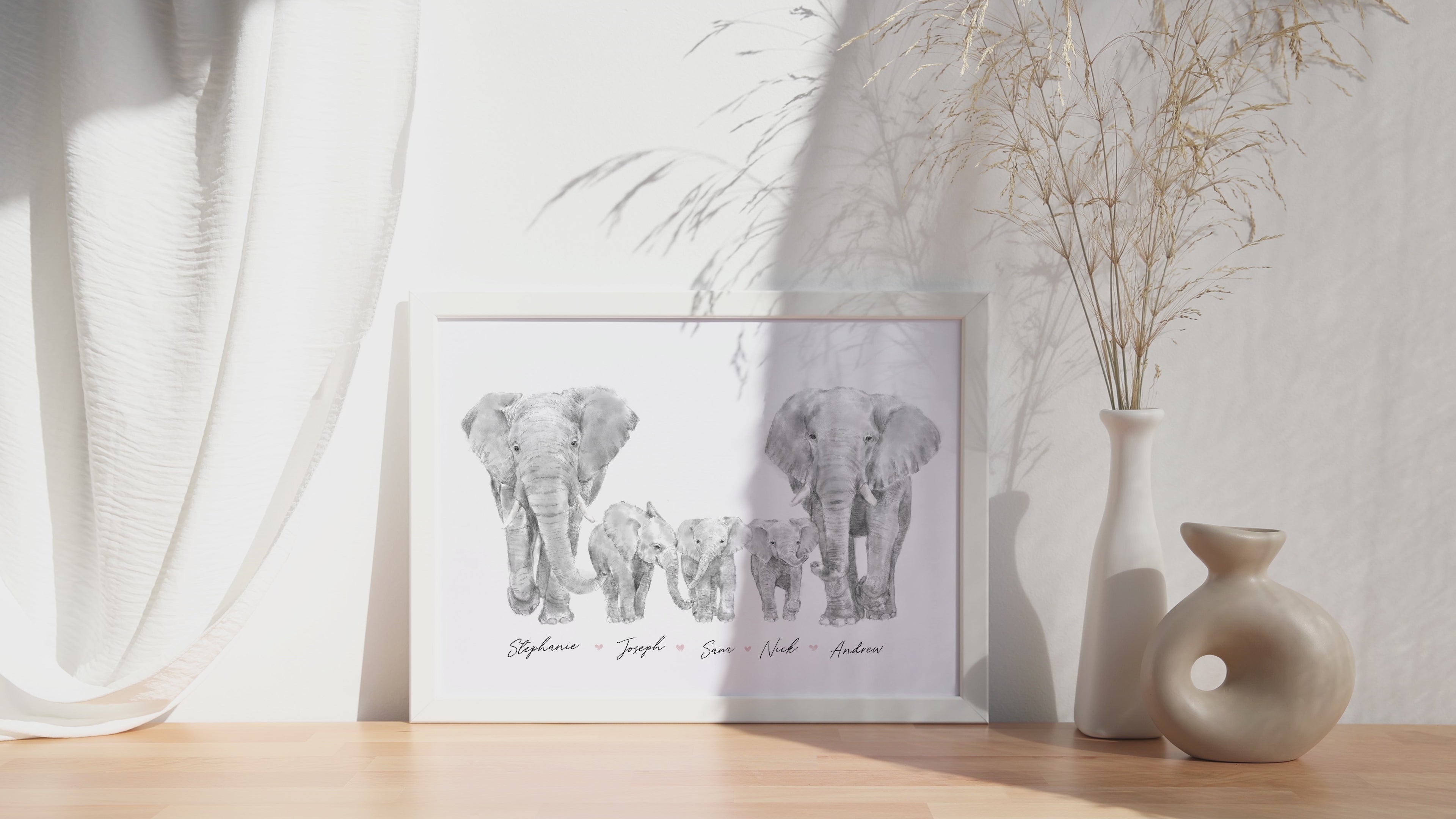 Elephant Family Portrait Print with Personalized Names