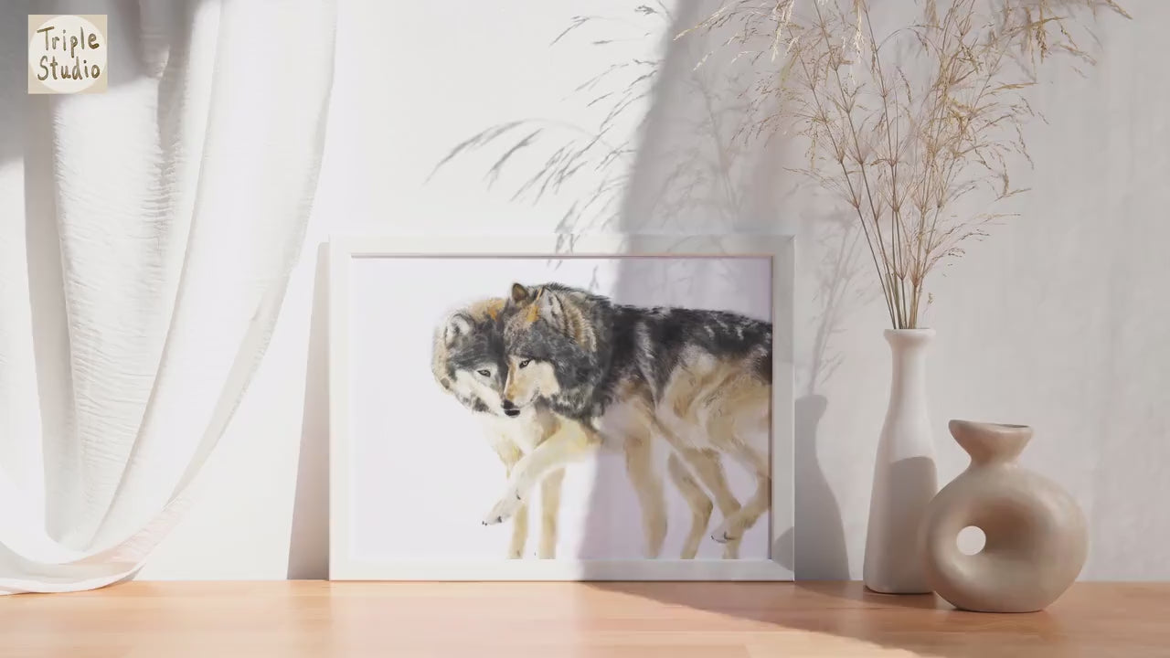 Wolves Couple Art Print – Sweet Anniversary Gift for Wife, Watercolor Wolf Wall Decor, Wedding & Friendship Gift, Romantic Animal Painting