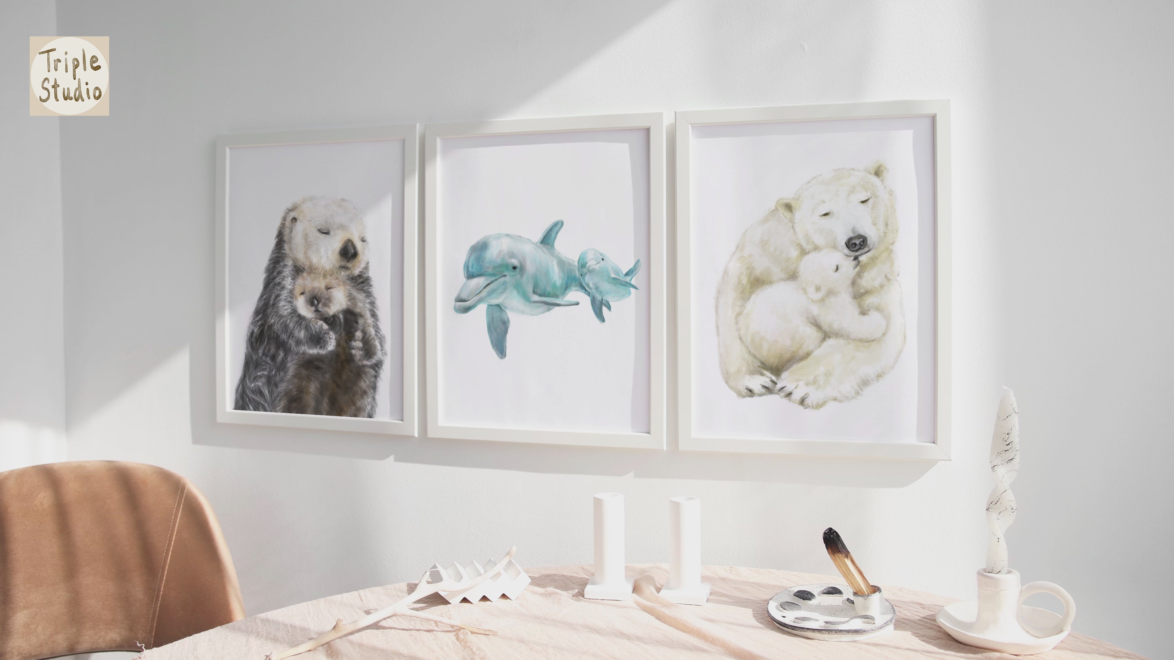 Baby Sea Otter and Mom Wall Art Print