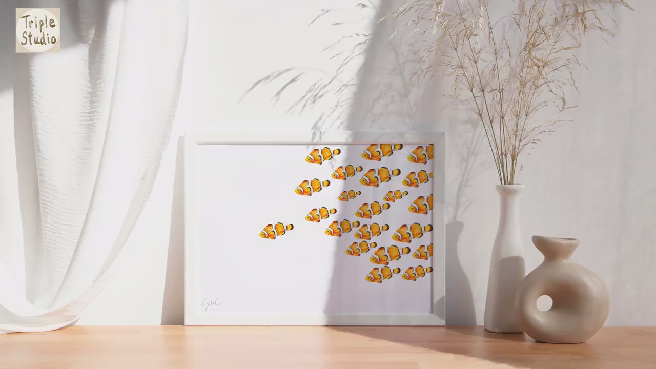 Modern Minimalist Clownfish Watercolor for Coastal Home Decor. Boho Nemo Clownfish. Nursery Room. Aquarium, Ocean Life, Signed by Artist