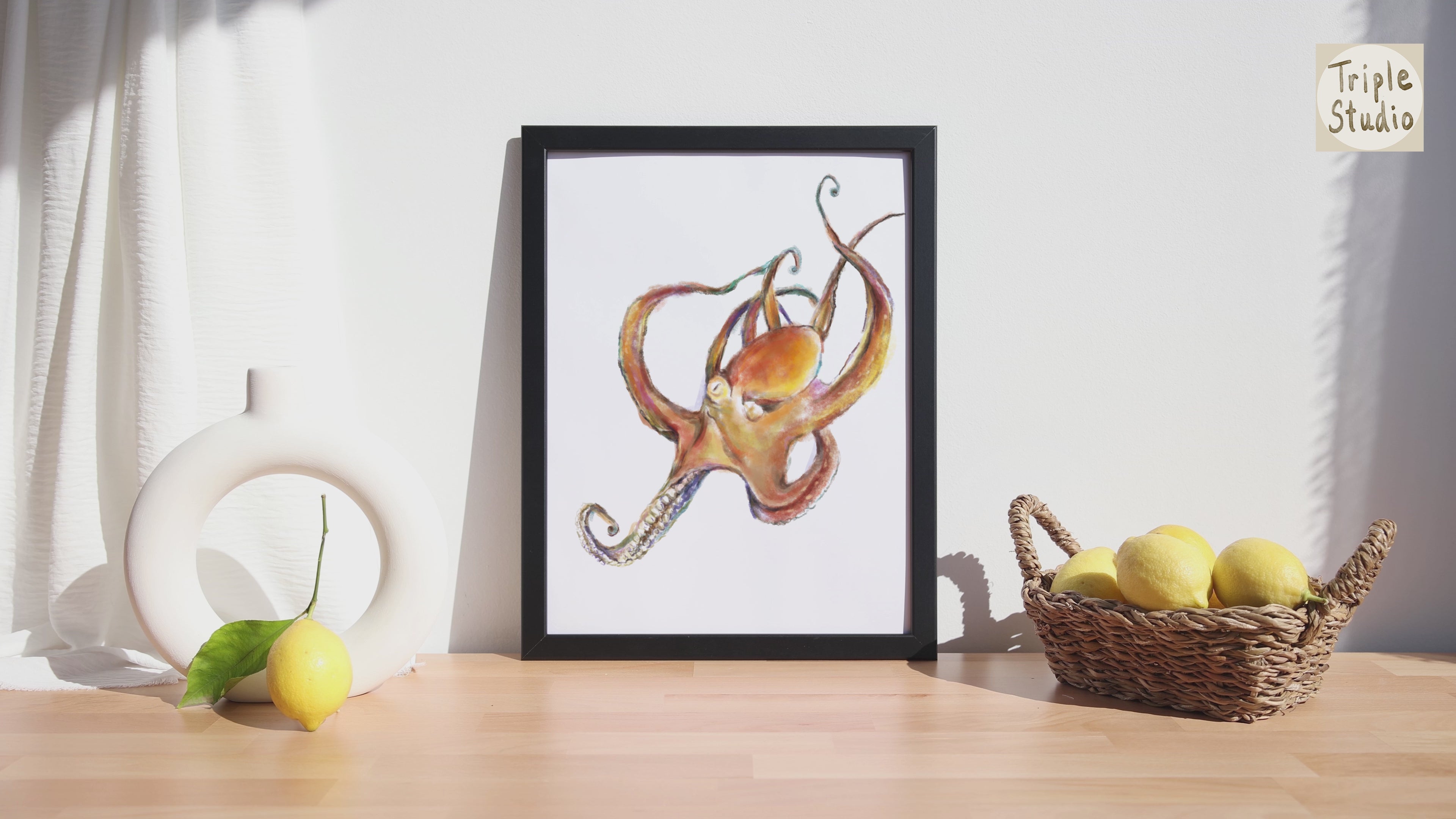 Vibrant Octopus Watercolor Art - Original Minimalistic Colorful Ocean Marine Animal Wall Decor, Tropical Wall Painting, Signed by Artist