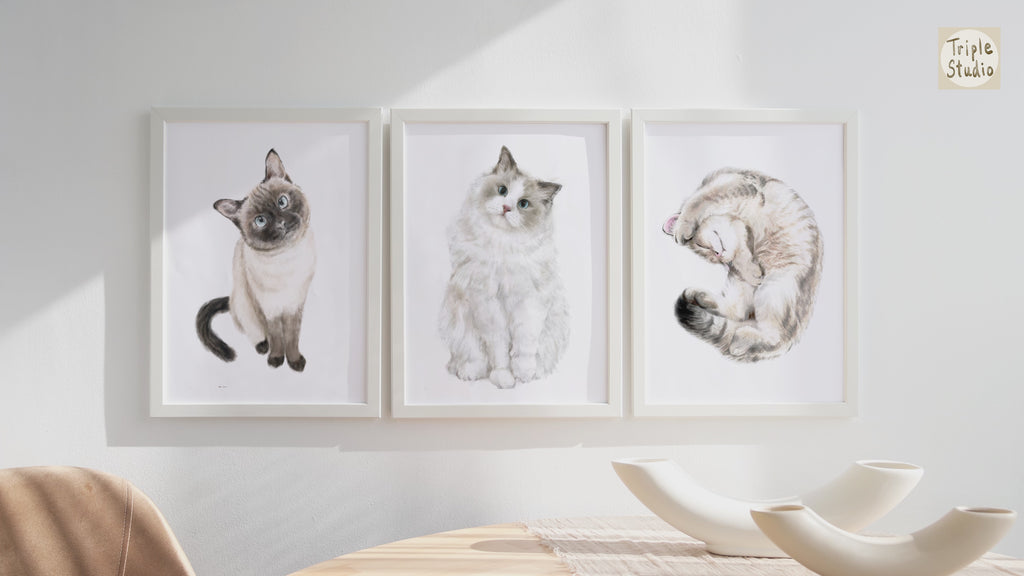 Ragdoll Cat Watercolor Painting, Fluffy Cat Modern Wall Art for Home Decor, Minimalistic Grey and White Cat Lover Gift, Signed by Artist