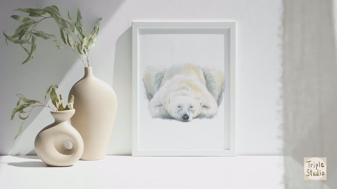 Polar Bear Sweet Dreams Minimalist Art Print - Gender Neutral Baby Nursery Room Wall Decor  - Original Watercolor Painting, Signed by Artist