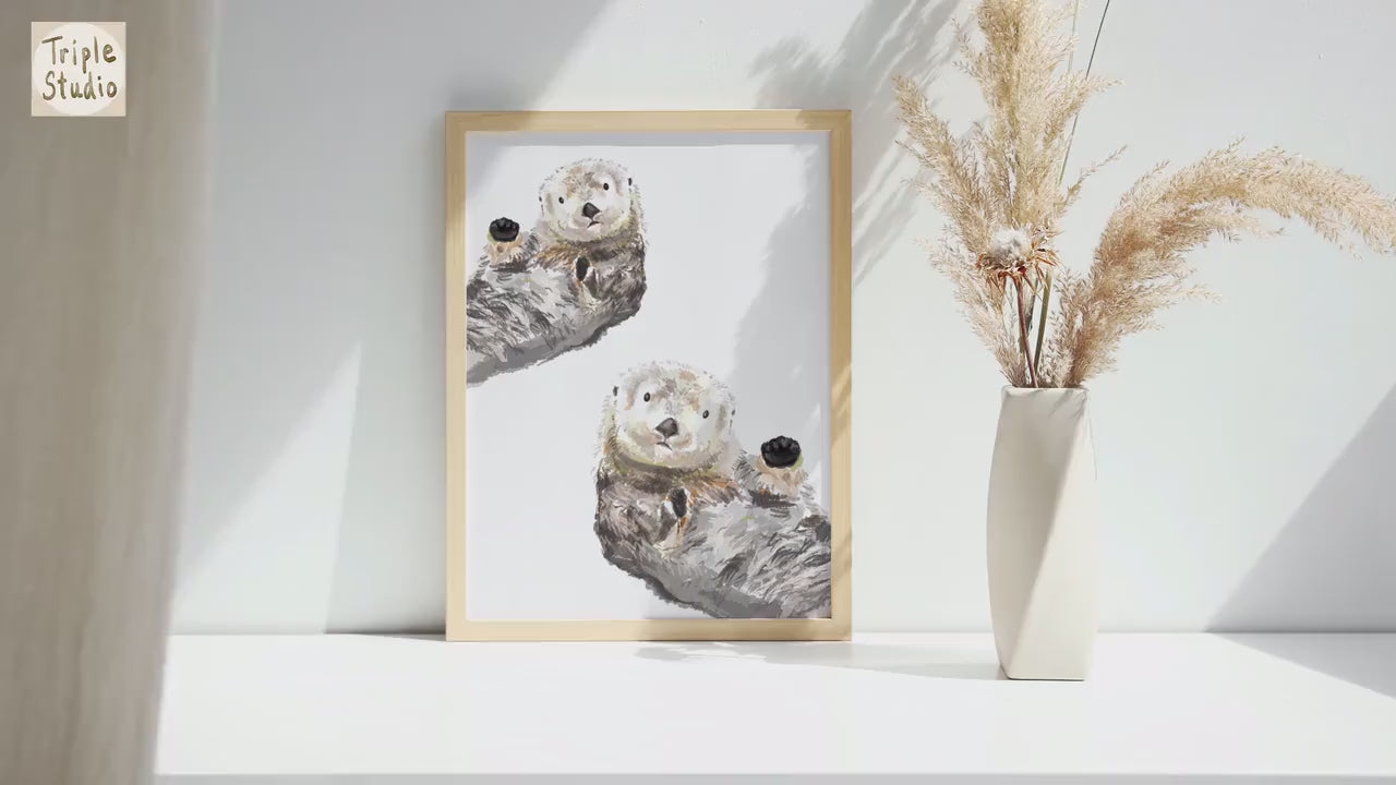 Sea Otter Watercolor Art Print | Modern Marine Life Room Wall Decor for Twins or Gender Neutral Baby, Ocean Bedroom