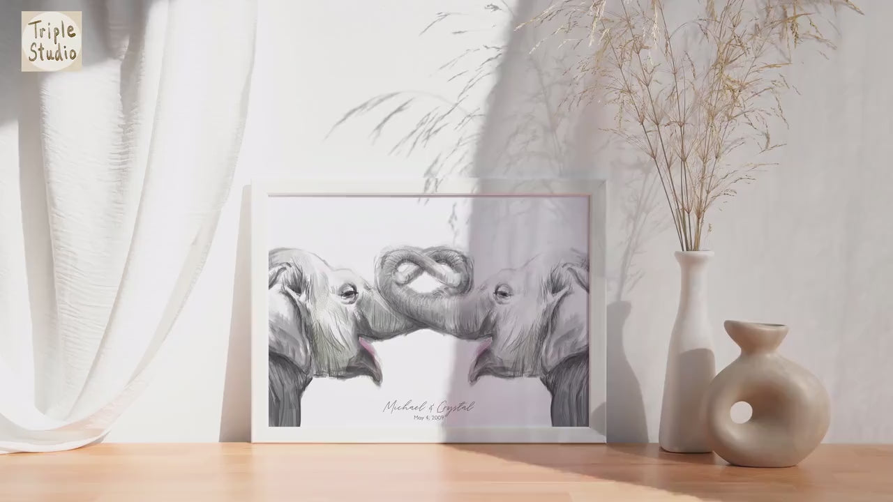 Personalized Elephants Art Print - In Love Painting, African Jungle Art, Safari Room, Elephant Decor, Anniversary Wedding Engagement Bridal