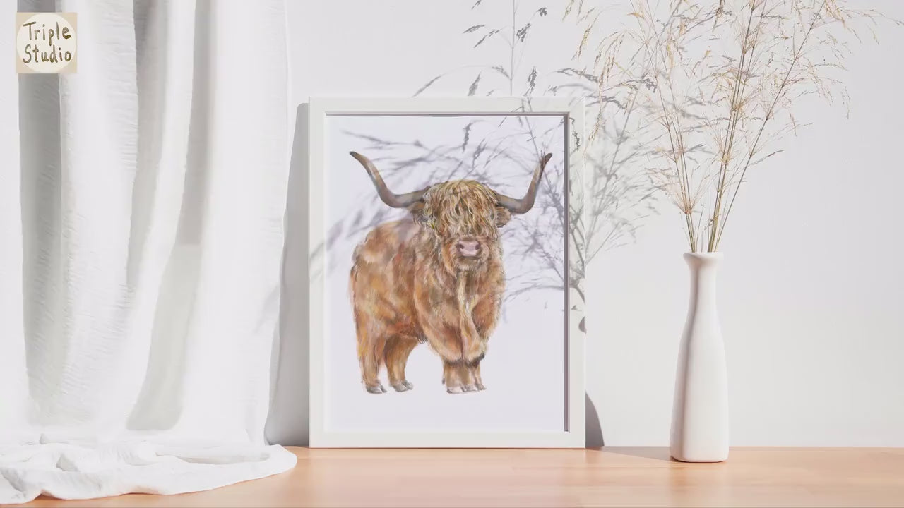 Highland Cow Wall Art - Earth Tone Boho Nursery Animal Painting, Farmhouse Rustic Cattle Wall Poster, Signed by Artist